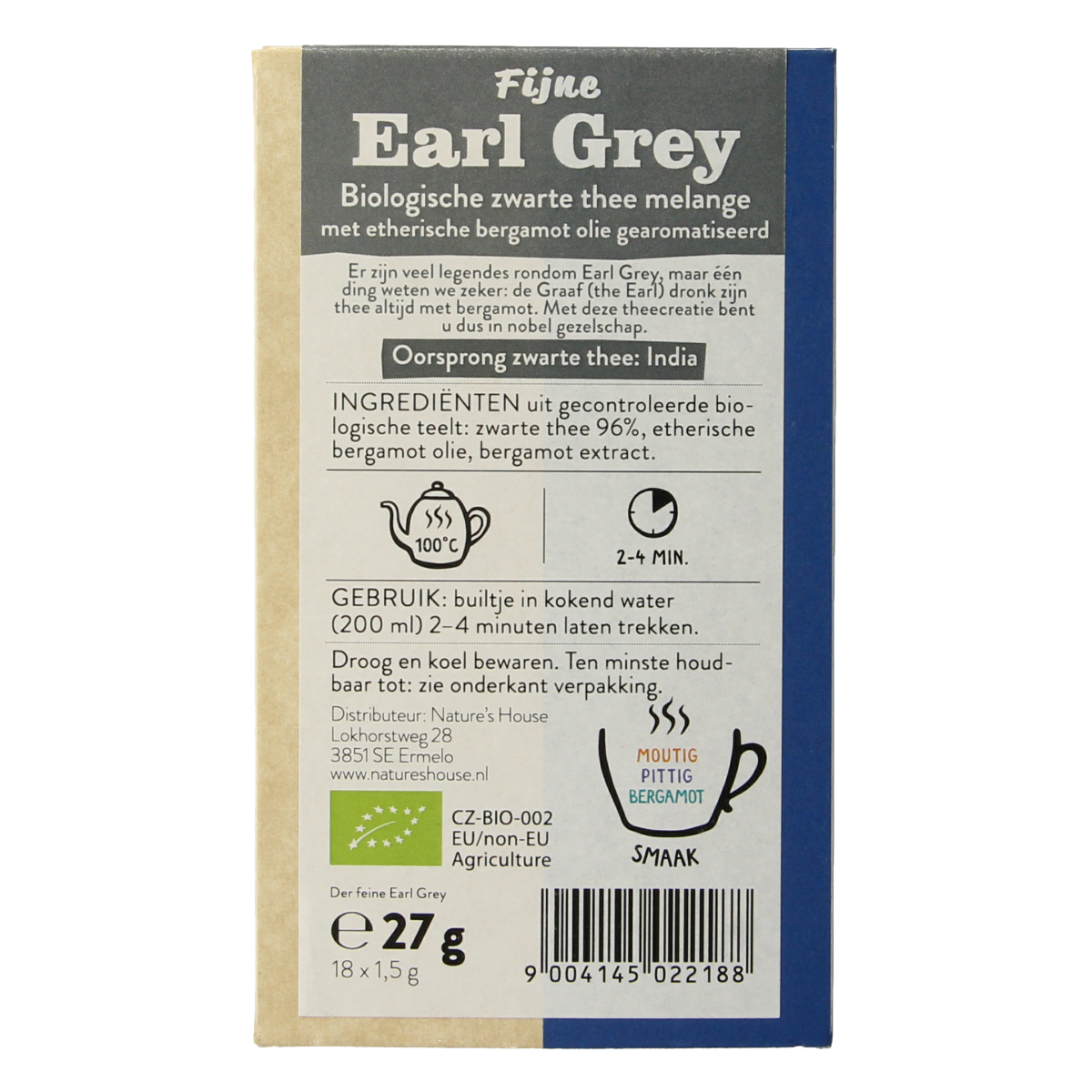 Organic Sonnentor Earl Grey tea bags in a box, featuring 18 tea sachets with aromatic black tea and citrus notes.