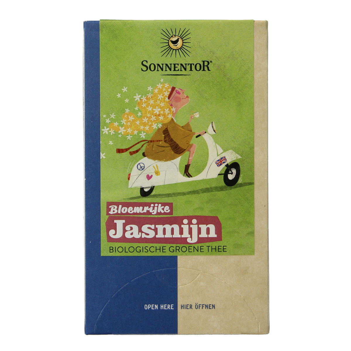 Sonnentor Jasmijn groene thee bio, 18 tea bags, fresh green tea with jasmine flowers in a sealed package.