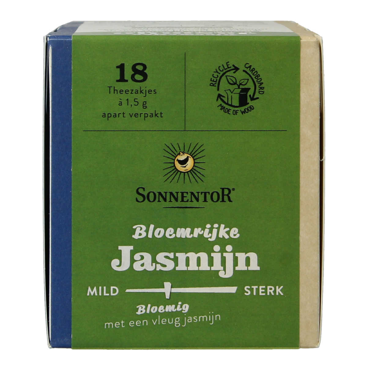 Sonnentor Jasmijn groene thee bio in 18 tea bags, showcasing fresh green tea leaves infused with jasmine flowers.