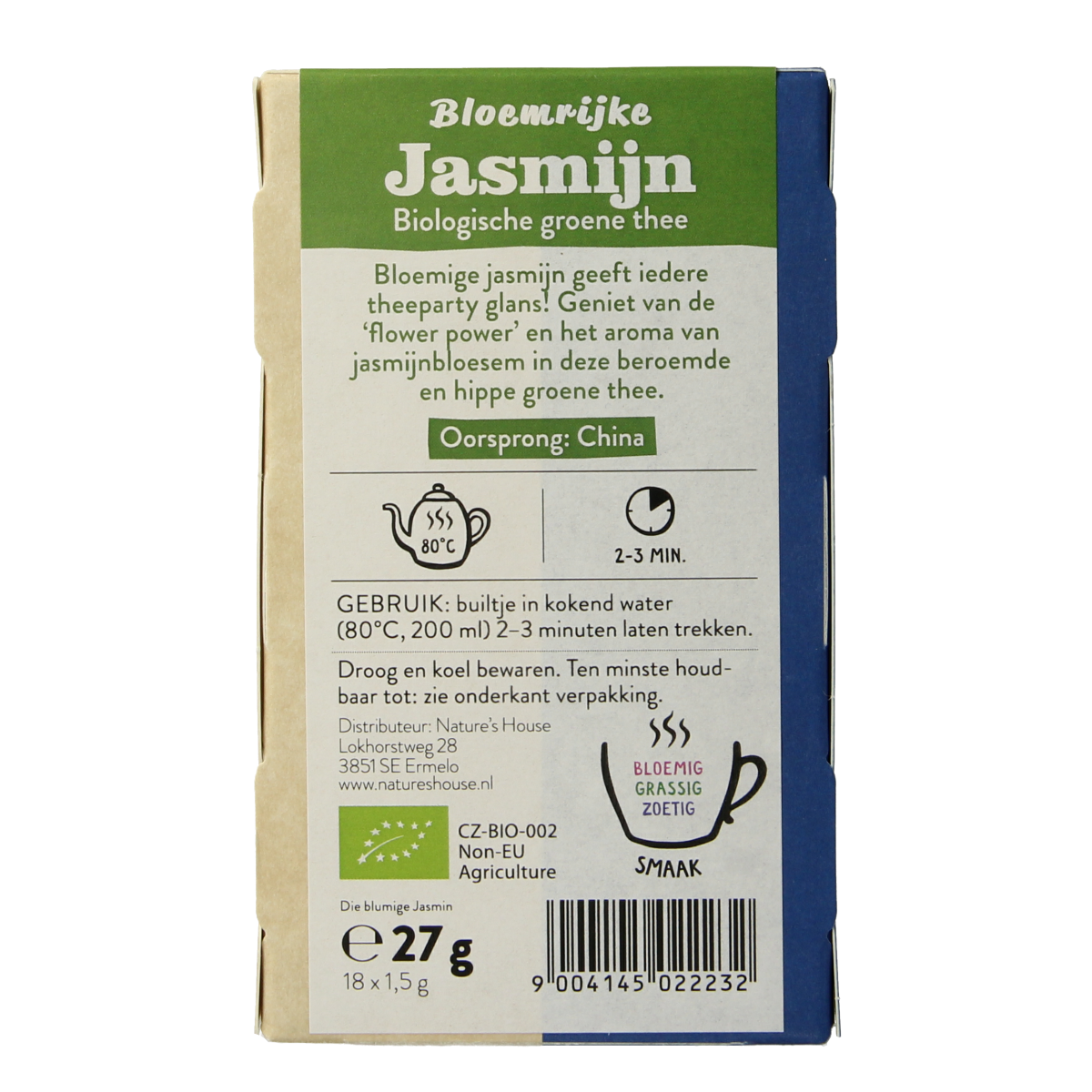 Organic Sonnentor Jasmijn green tea in a box with 18 tea bags, showcasing fresh green tea leaves and jasmine blossoms.
