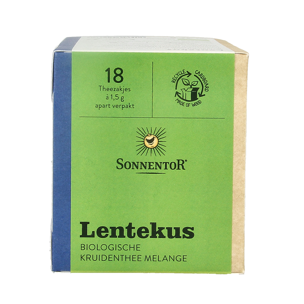 Sonnentor Lentekus bio coffee and tea in 18-pack, organic herbal blend in a colorful box with tea bags displayed.
