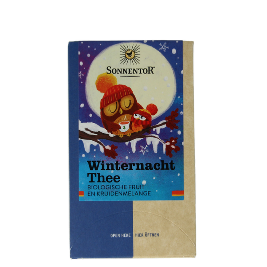 Sonnentor Winternacht bio tea in a box with 18 tea sachets, featuring a warm winter-themed packaging for soothing herbal infusions.