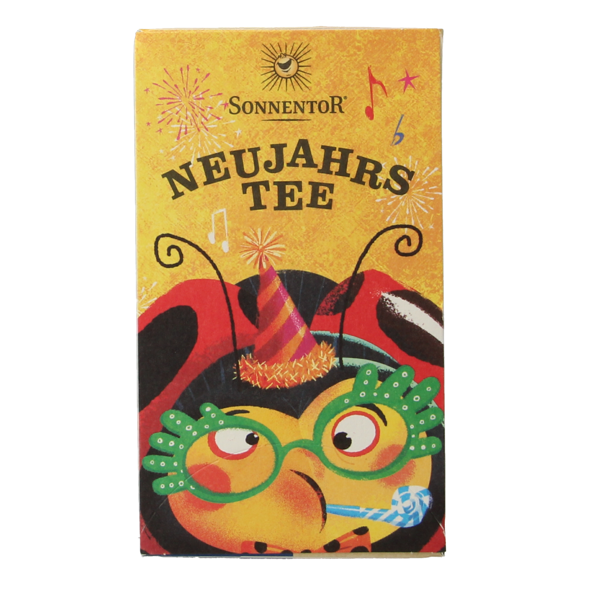 Sonnentor Nieuwjaarsthee bio with 18 tea bags, featuring herbal and floral ingredients in a colorful packaging.