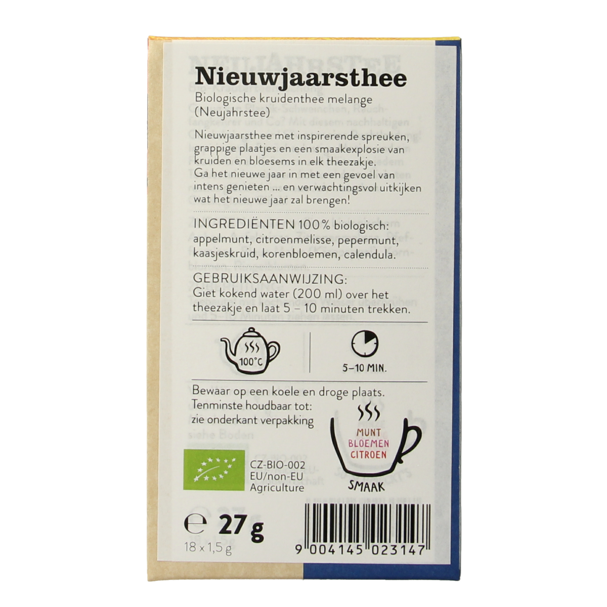 Sonnentor Nieuwjaarsthee bio with 18 tea sachets, featuring herbal and floral ingredients in a colorful package.