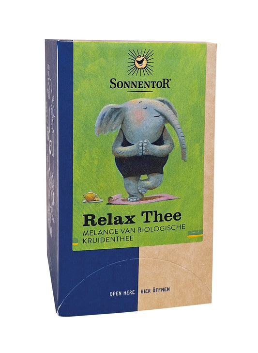 Organic Sonnentor Relax tea in a box with 18 tea bags, featuring herbal blend for relaxation and calm.