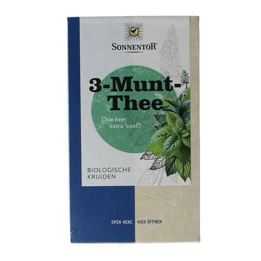 Organic Sonnentor 3 Munt-thee herbal tea in 18 tea bags, fresh mint flavor, packaged in a tea box.
