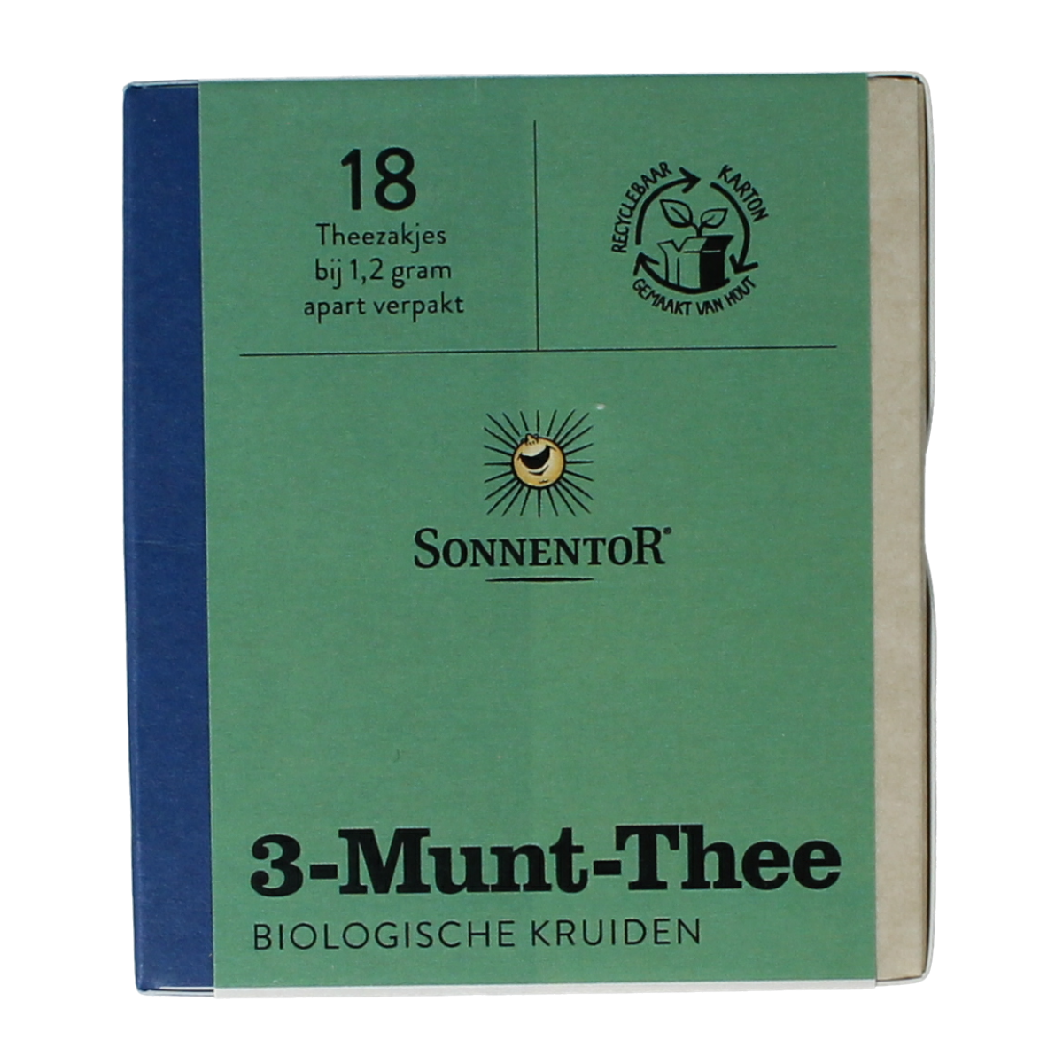 Organic Sonnentor 3 Munt-thee herbal tea in a box of 18 tea bags, featuring fresh mint leaves and natural ingredients.