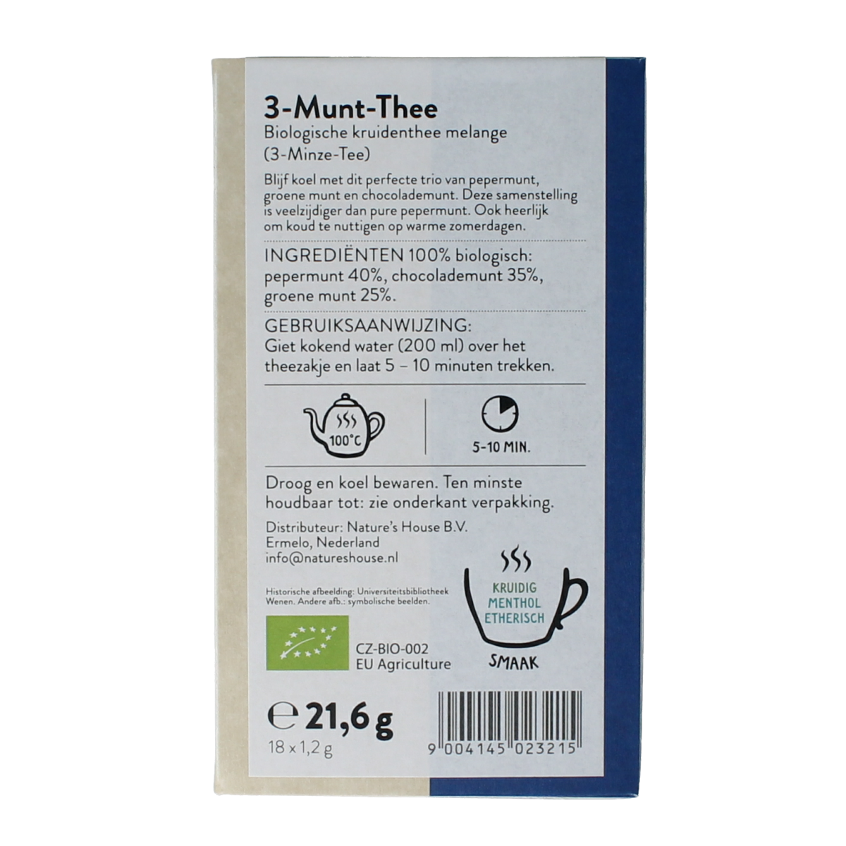 Organic Sonnentor 3 Munt-thee in a box of 18 tea bags, fresh peppermint herbal tea with natural ingredients.