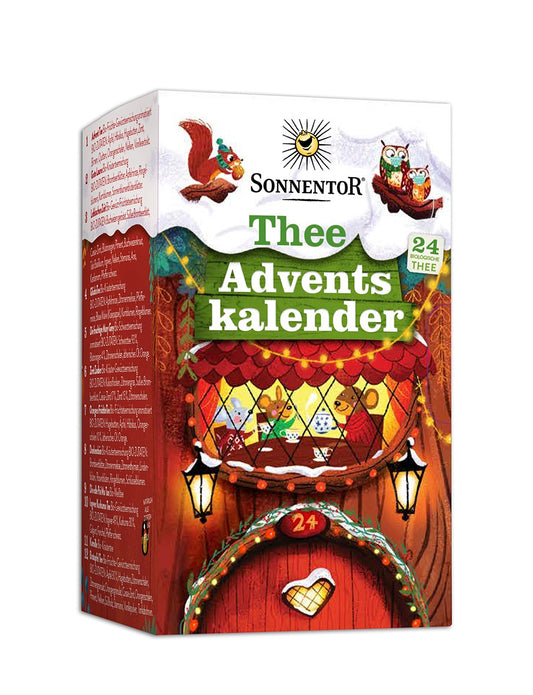 Sonnentor Advent calendar with 24 organic tea bags, featuring festive packaging and variety of herbal and tea blends.