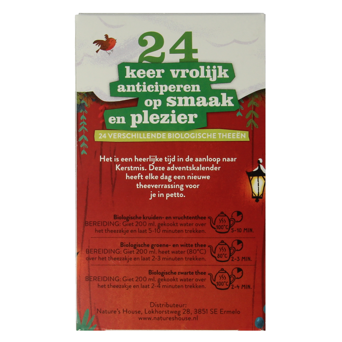 Sonnentor Advent calendar with 24 organic tea bags, featuring a festive design and variety of herbal and tea blends.