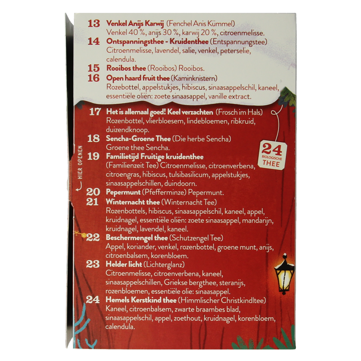 Sonnentor Advent calendar with 24 organic tea bags, featuring a festive design and natural packaging for holiday enjoyment.