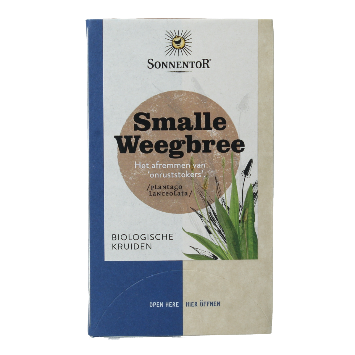 Sonnentor Smalle Weegbree organic tea bags, 18-pack, featuring fresh green tea leaves in a natural packaging