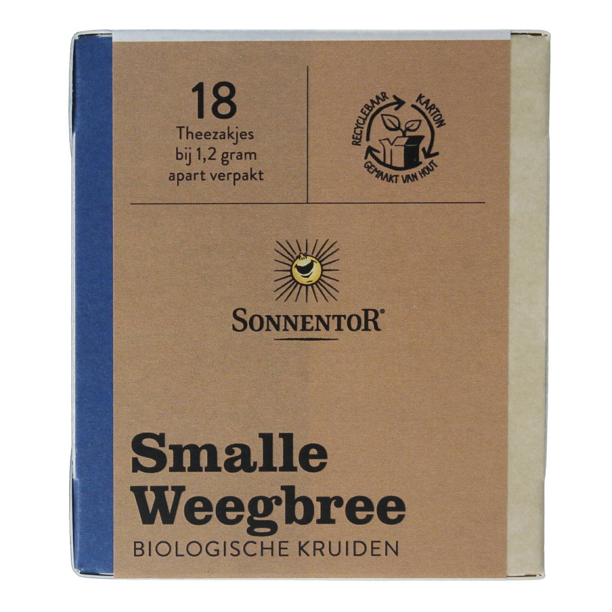 Sonnentor organic smalle weegbree tea in a box with 18 tea bags, natural herbal tea product from the Koffie en Thee category.