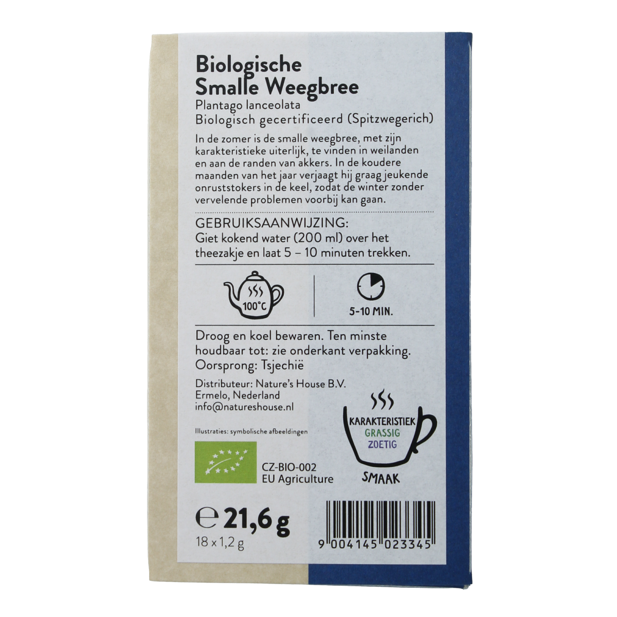 Organic Sonnentor Smalle Weegbree tea in a box with 18 tea bags, showcasing the herbal tea packaging and branding.