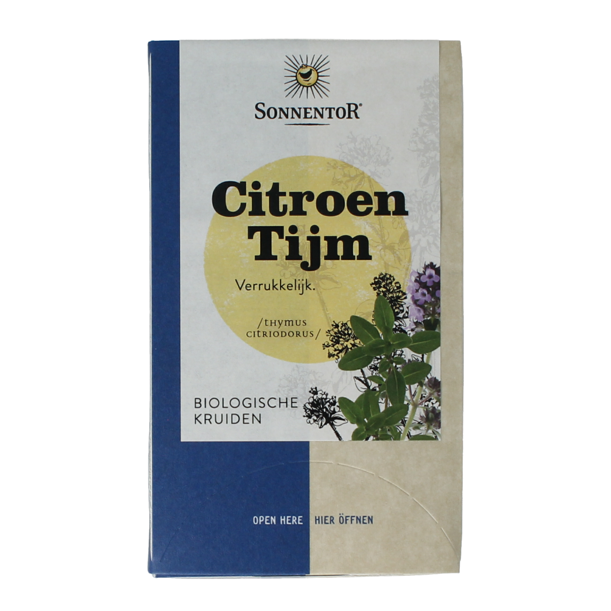 Organic Sonnentor citron thyme tea in a box of 18 tea bags, featuring fresh lemon and thyme flavors.