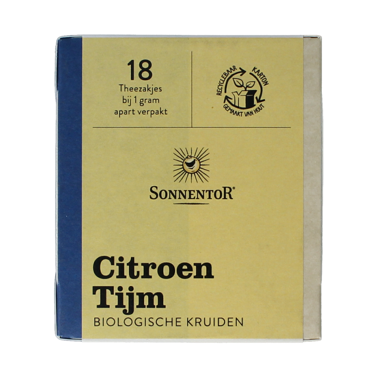 Sonnentor organic citron thyme tea in 18 tea bags, with fresh lemon and thyme herbs visible in the packaging image.
