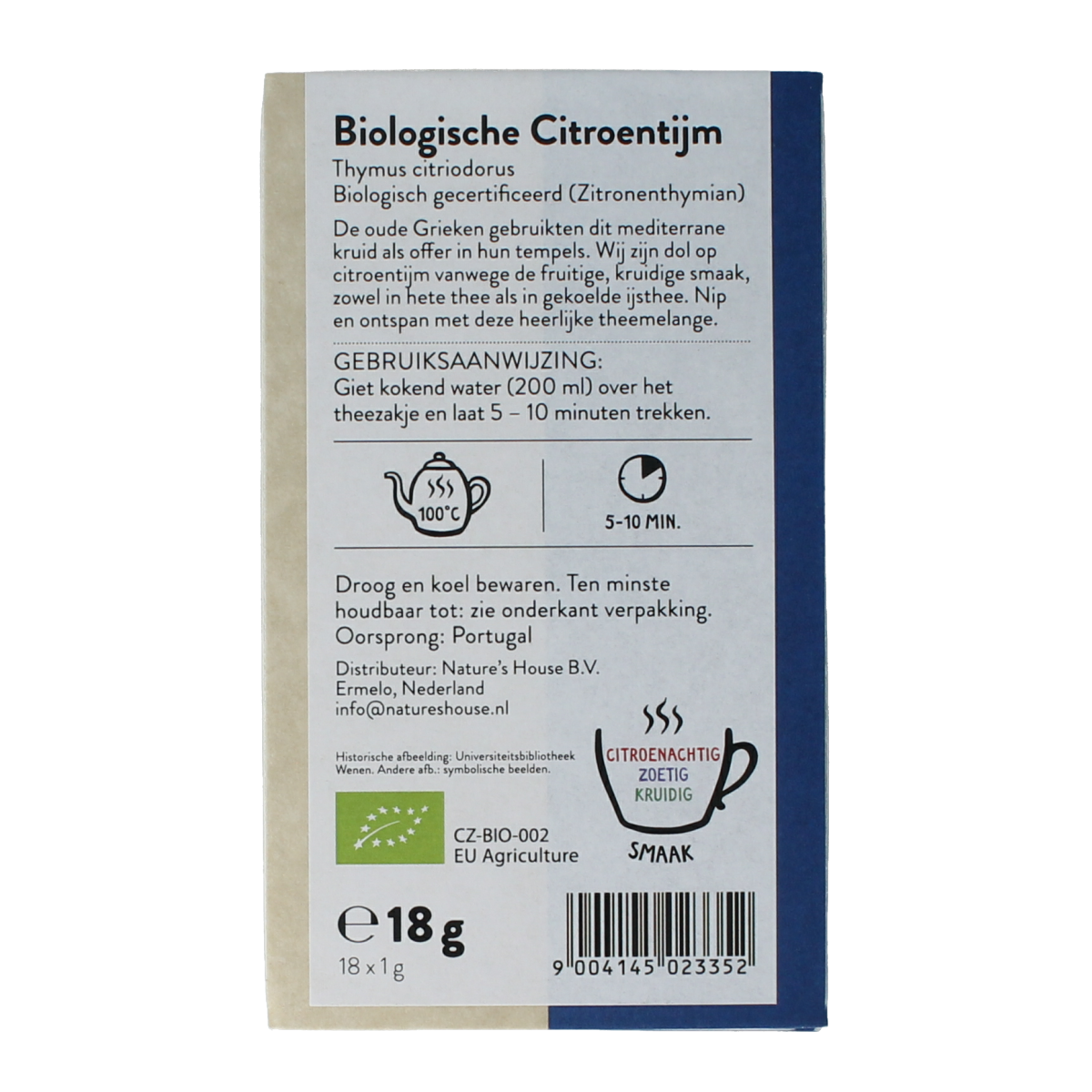 Organic Sonnentor citron thyme tea in a box with 18 tea bags, showcasing fresh lemon and thyme ingredients.