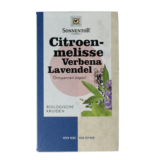 Sonnentor organic citronella, verbena, and lavender herbal tea in 18 tea bags, natural and aromatic.