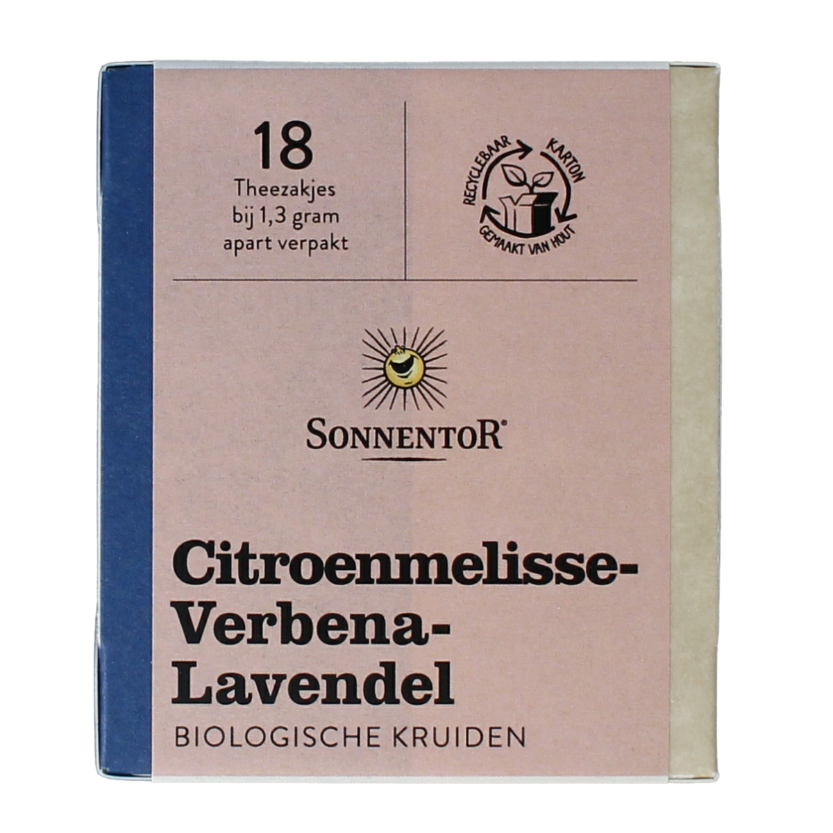 Sonnentor Citroenmelisse, verbena, and lavender organic herbal tea in 18 tea bags, displayed in a clear package.