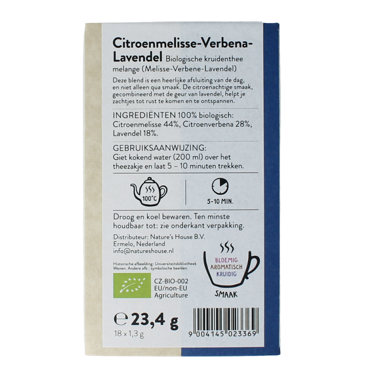 Organic Sonnentor citronella, verbena, and lavender herbal tea in 18 tea bags, with fresh herbs and tea packaging.