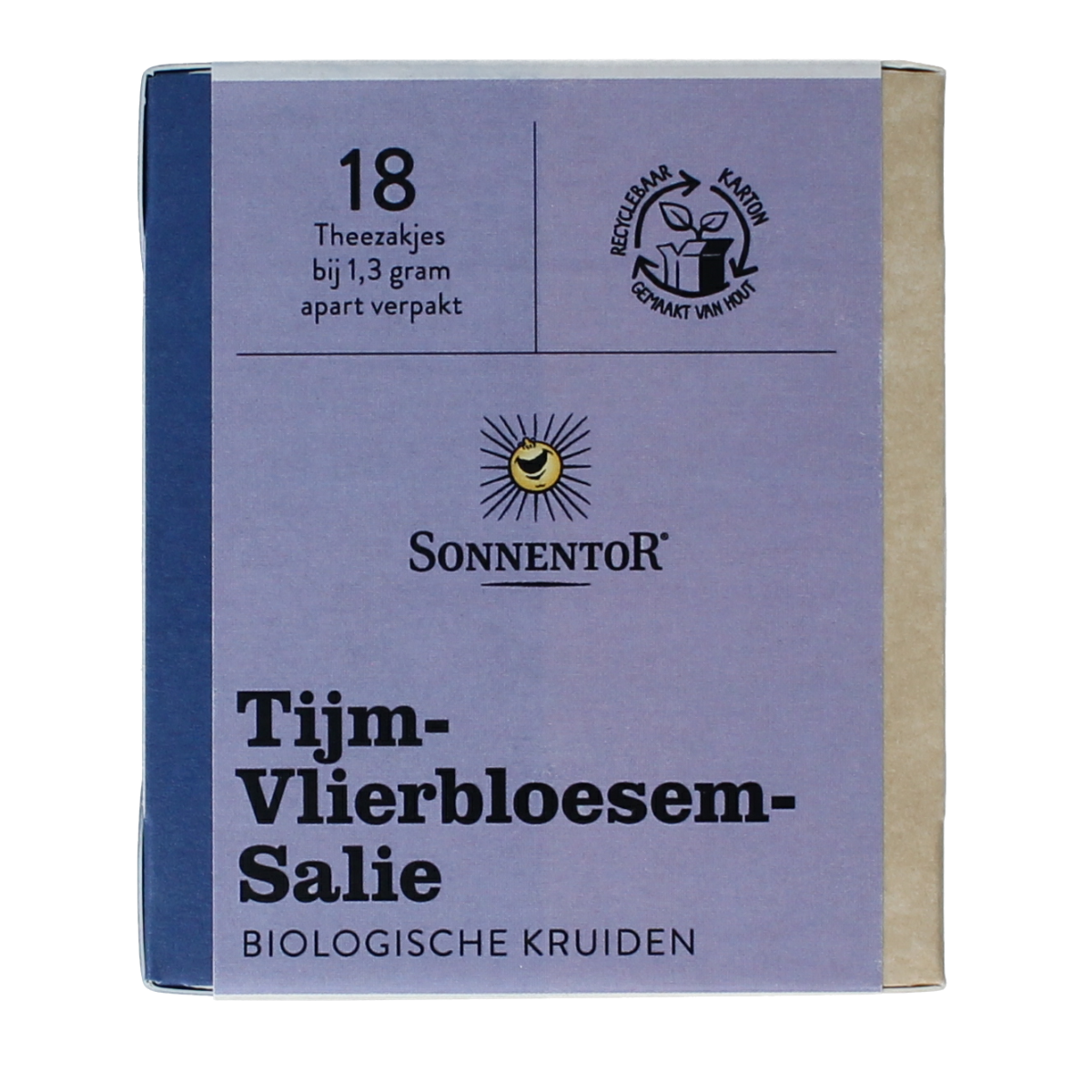 Sonnentor organic thyme, elderflower, and sage tea bags, 18-pack, displayed in the image.