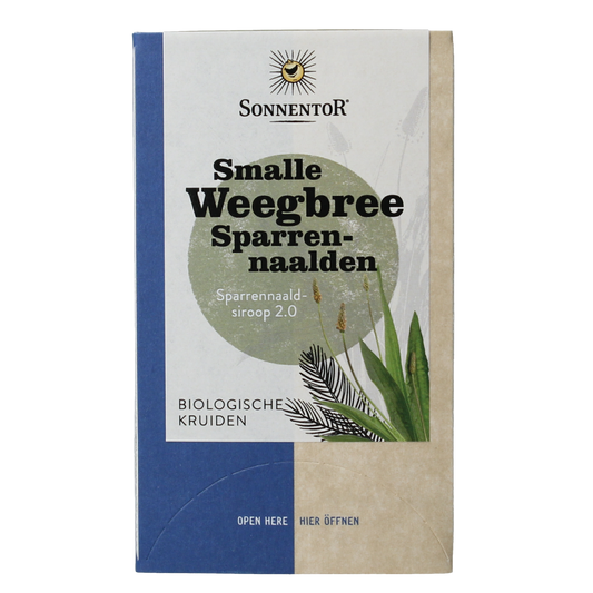 Sonnentor Smalle Weegbree sparrennaald organic tea in a packet, part of the Koffie en Thee collection, with fresh green tea leaves.