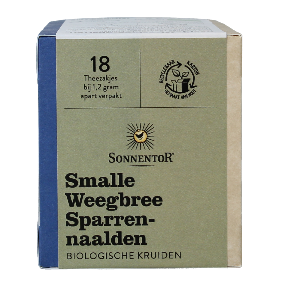 Sonnentor Smalle Weegbree en sparrennaald bio thee in a packet, organic herbal blend for tea brewing.