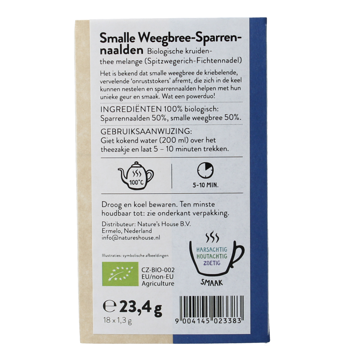 Sonnentor Smalle Weegbree and sparrennaald organic tea in a package, featuring fresh herbs and pine needle ingredients.