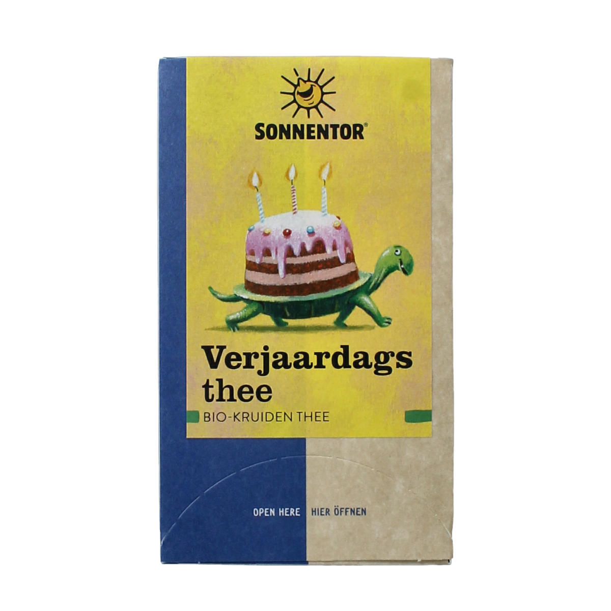 Organic Sonnentor birthday tea in a box with 18 tea bags, featuring herbal and floral ingredients for a festive brew.
