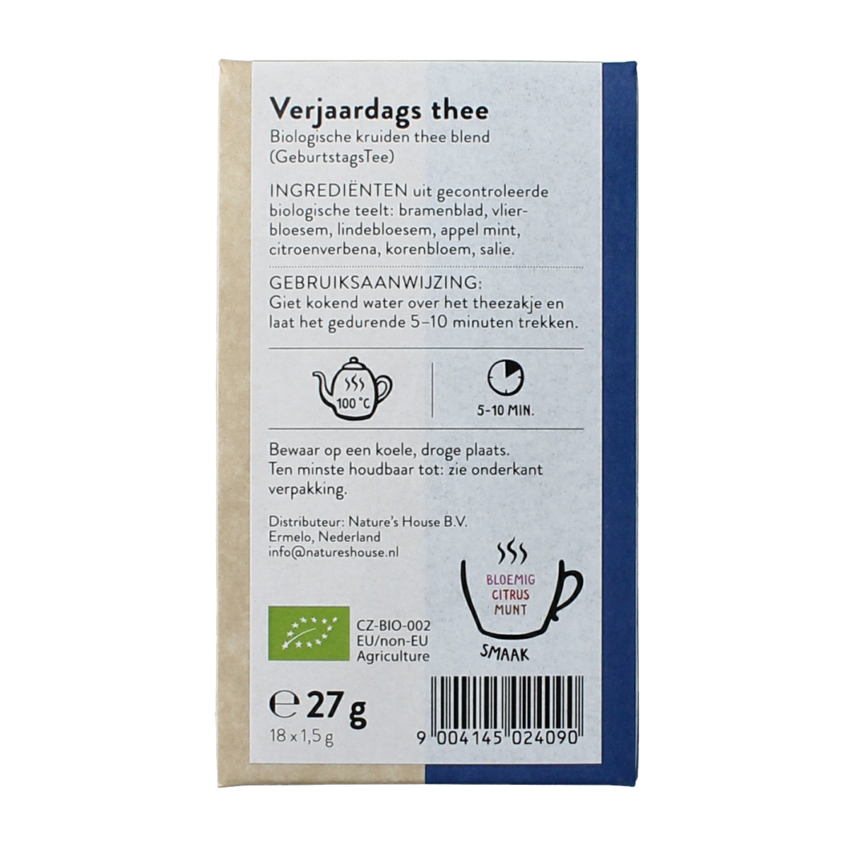 Organic Sonnentor Verjaardagsthee birthday tea in an 18-cup package, displayed in a colorful, festive box.