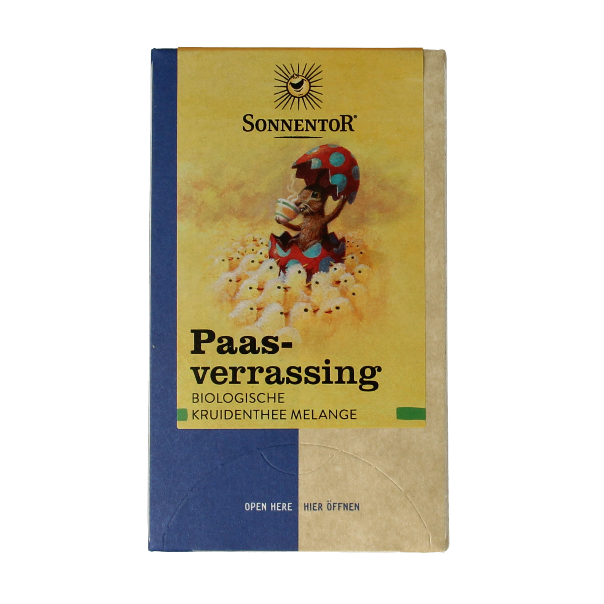Organic Sonnentor Paasverrassing coffee and tea gift set with 18 tea bags, displayed in a festive box.