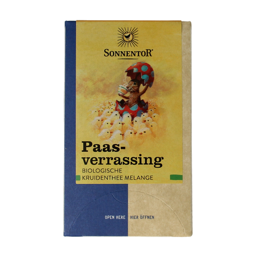 Organic Sonnentor Paasverrassing coffee and tea gift set with 18 tea bags, displayed in a festive box.