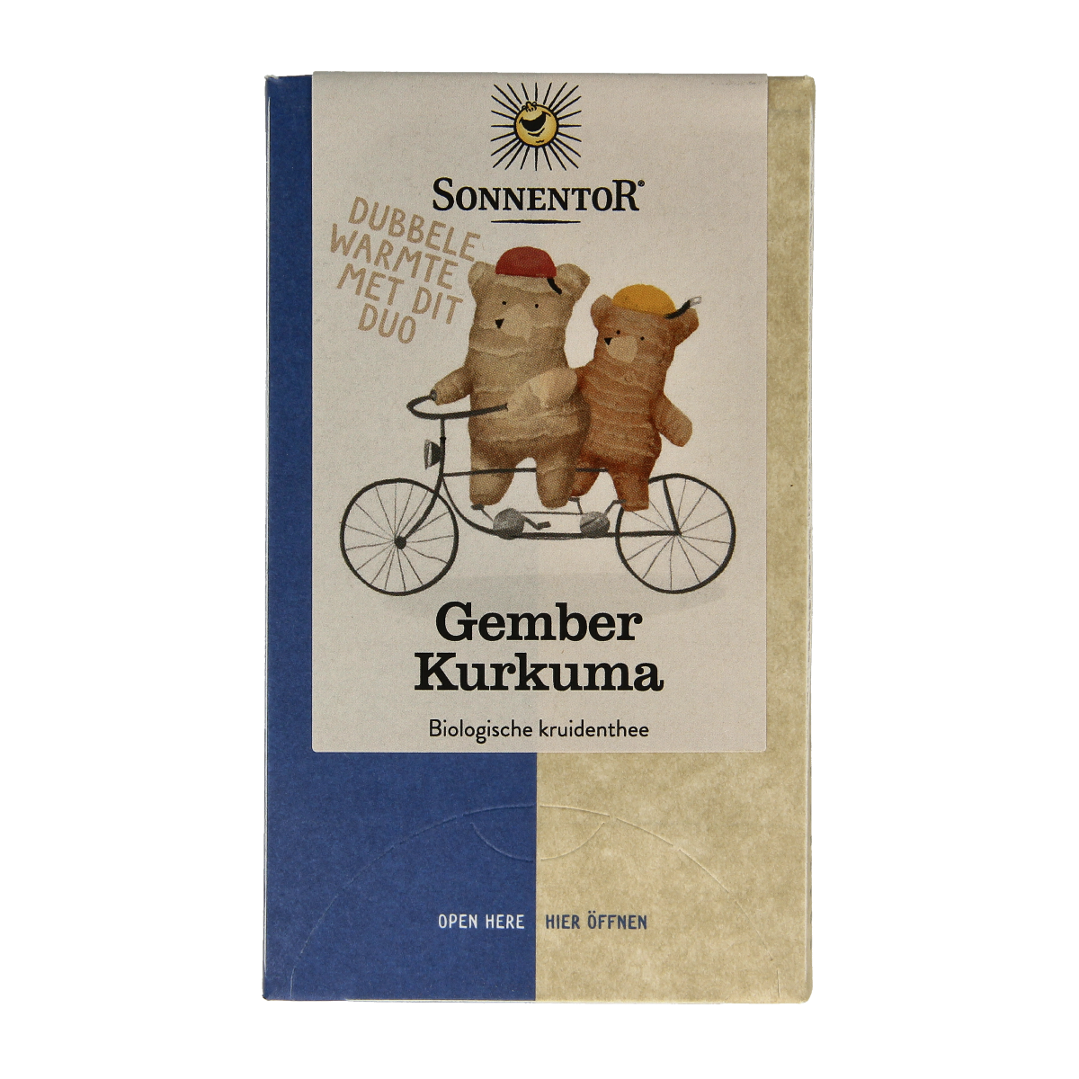 Organic Sonnentor ginger turmeric tea in 18 tea bags, featuring fresh ginger and turmeric roots in a natural setting.