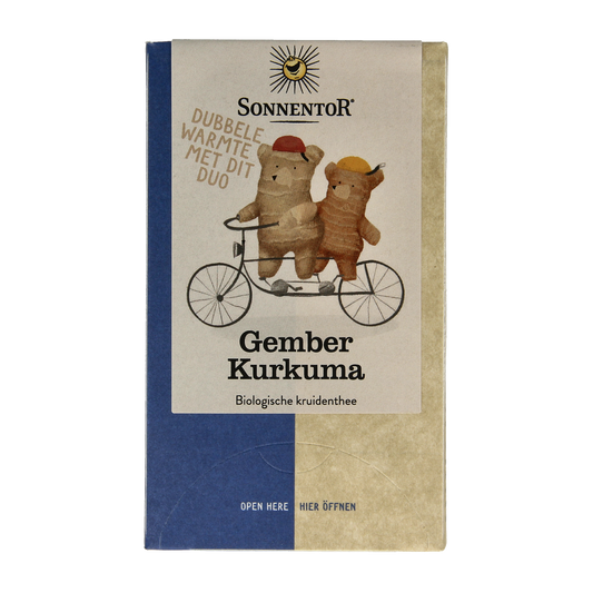 Organic Sonnentor ginger turmeric tea in 18 tea bags, featuring fresh ginger and turmeric roots in a natural setting.