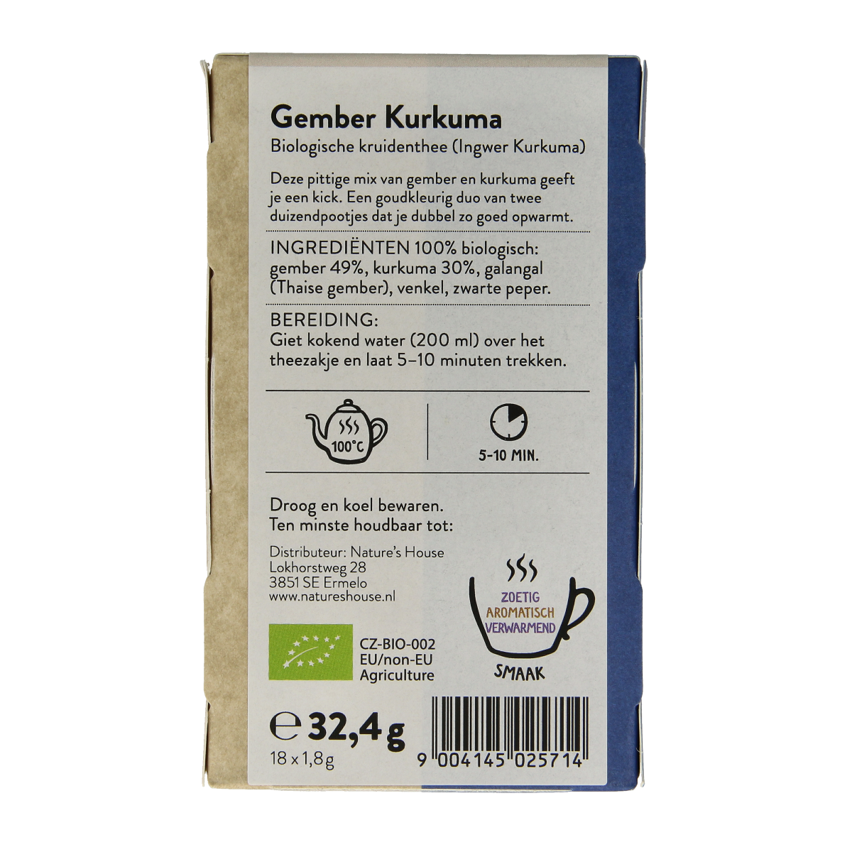 Organic Sonnentor ginger turmeric tea in 18 tea bags, featuring fresh ginger and turmeric slices in a clear cup.