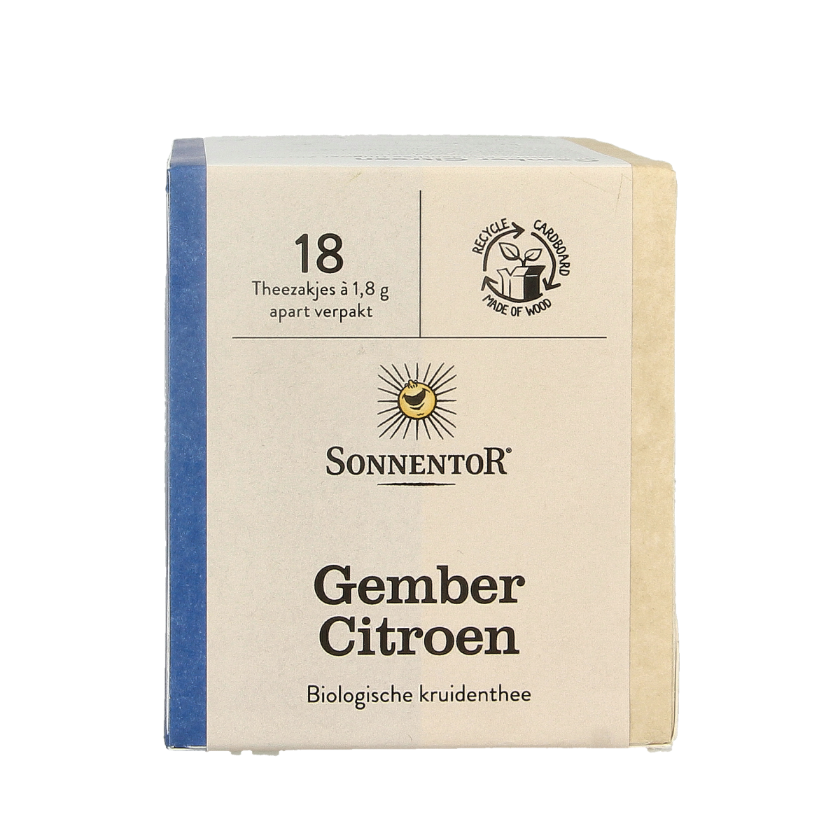 Organic Sonnentor ginger lemon tea in a box with 18 tea bags, featuring fresh lemon slices and ginger roots on the packaging.