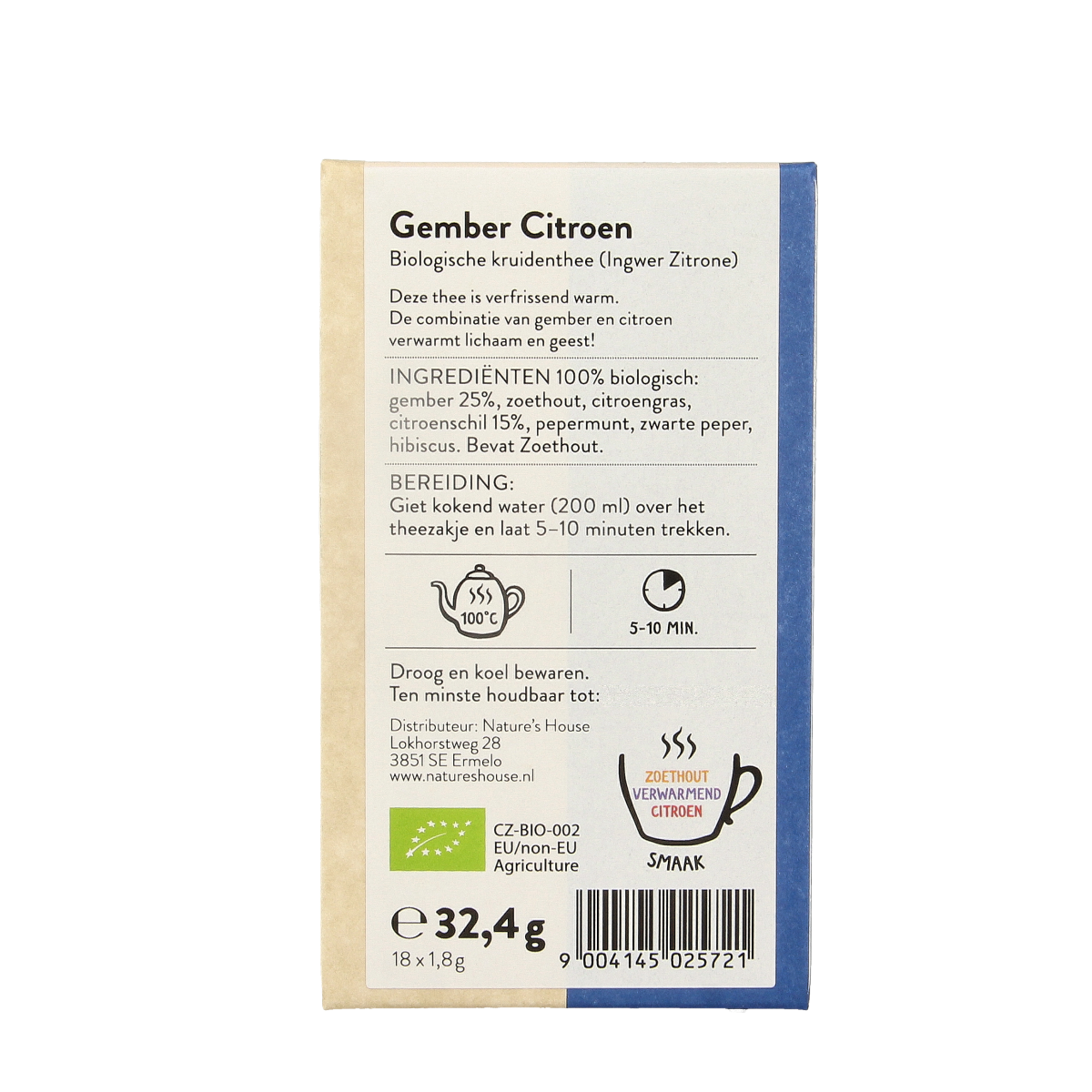 Organic Sonnentor ginger lemon tea in an 18-pack, featuring fresh ginger and lemon slices in a clear tea bag.