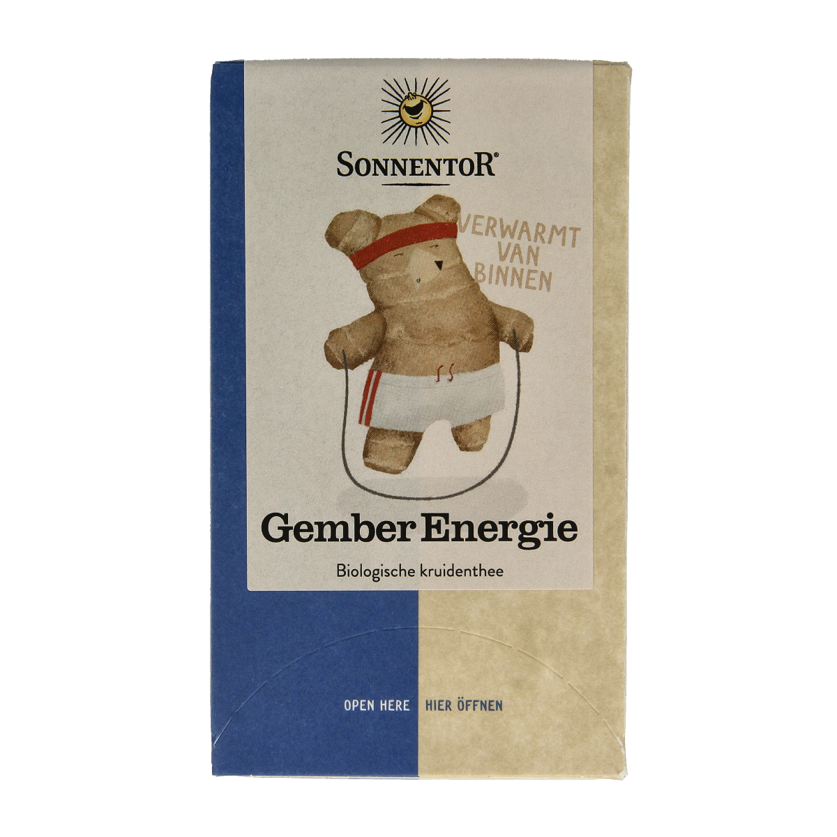 Sonnentor Gember Energie Thee bio in an 18-pack, featuring fresh ginger flavor, in a natural tea setting.