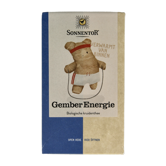 Sonnentor Gember Energie Thee bio in an 18-pack, featuring fresh ginger flavor, in a natural tea setting.