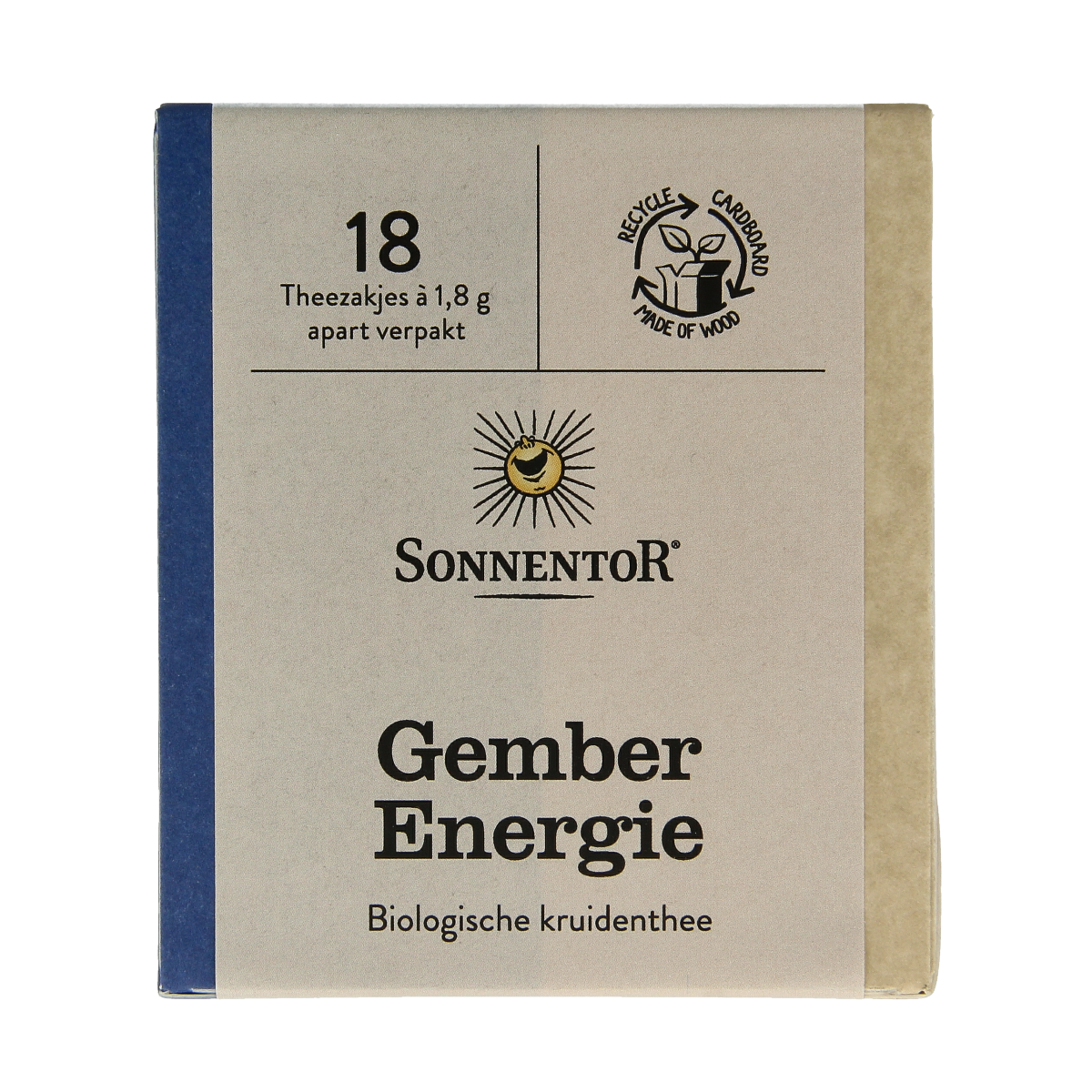 Sonnentor Gember Energie Thee bio in 18 tea bags, featuring fresh ginger slices and herbal blend in a biodegradable packaging.