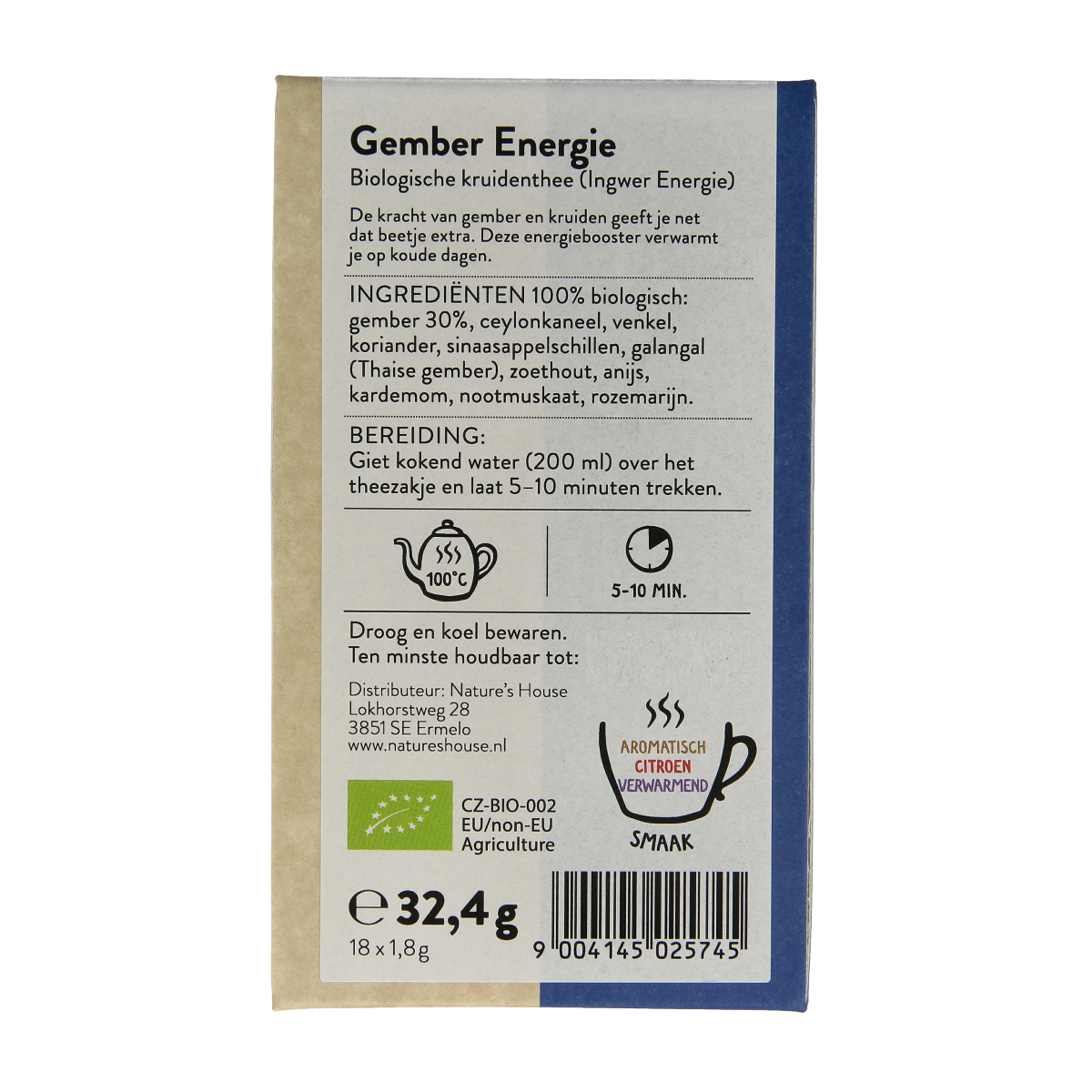 Sonnentor Gember energie thee bio, 18 tea bags, in a box with fresh ginger and tea leaves on the packaging