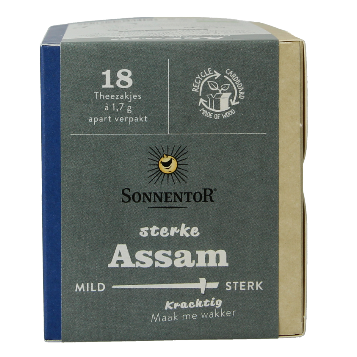 Organic Sonnentor Assam English black tea in a box with 18 tea bags, showcasing the packaging and tea leaves.