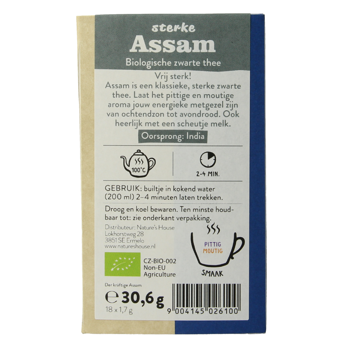 Sonnentor Assam English black organic tea in 18 tea bags, featuring dark tea leaves in a resealable package.
