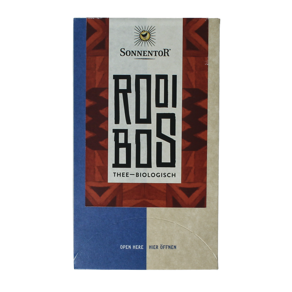 Sonnentor bio Rooibosthee tea boxes, 18 packs, with red rooibos leaves and herbal ingredients, in a natural packaging design.