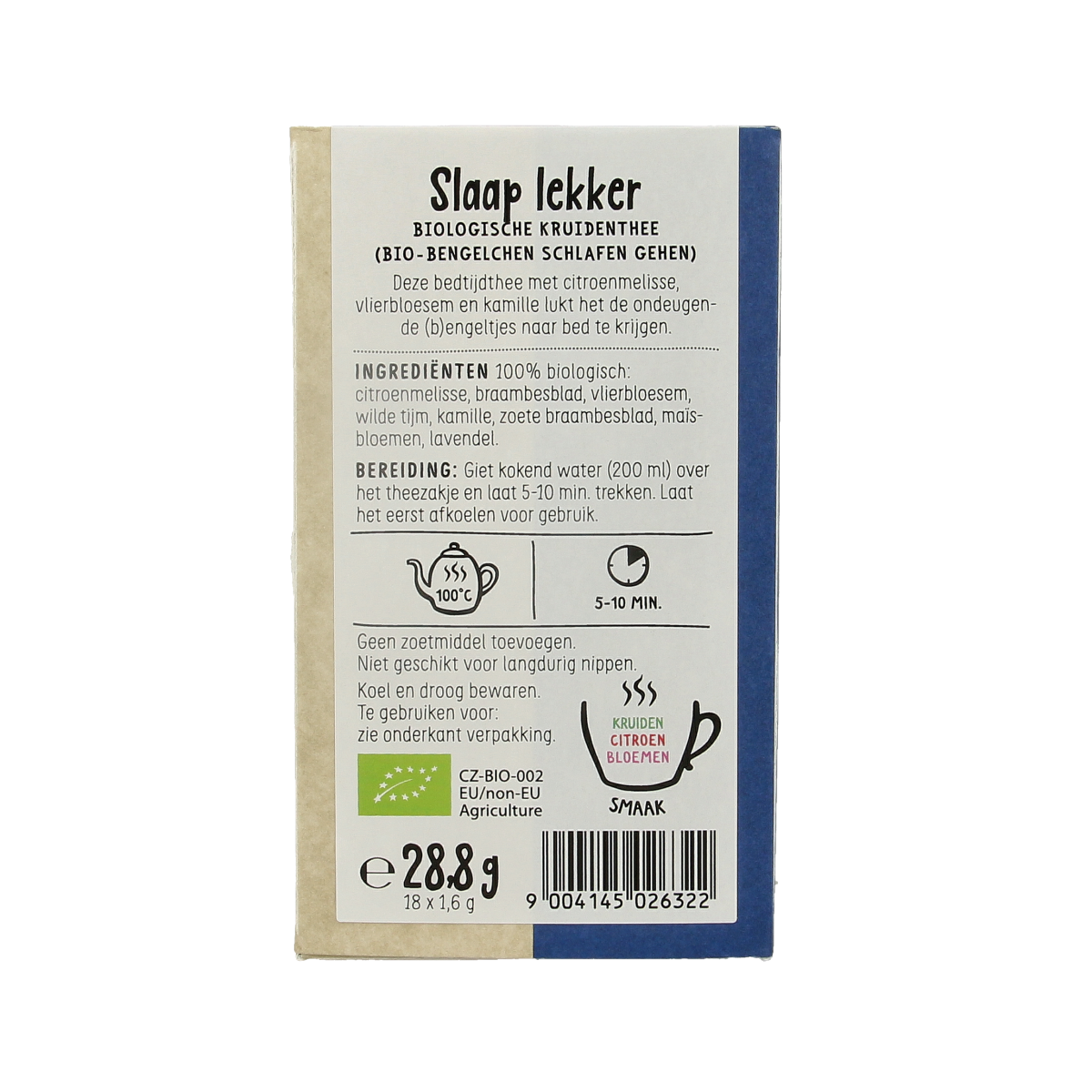 Sonnentor Slaap Lekker thee bio with 18 tea bags, herbal sleep aid in a natural tea box with tea bag packaging.