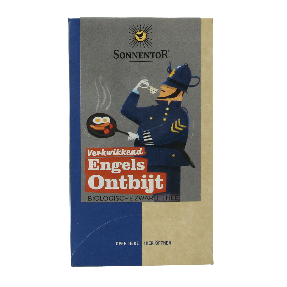Sonnentor Verkwikkende Engelse ontbijtthee bio in 18 tea bags, featuring packaging with tea leaves and a steaming cup.