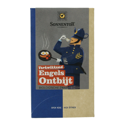 Sonnentor Verkwikkende Engelse ontbijtthee bio in 18 tea bags, featuring packaging with tea leaves and a steaming cup.