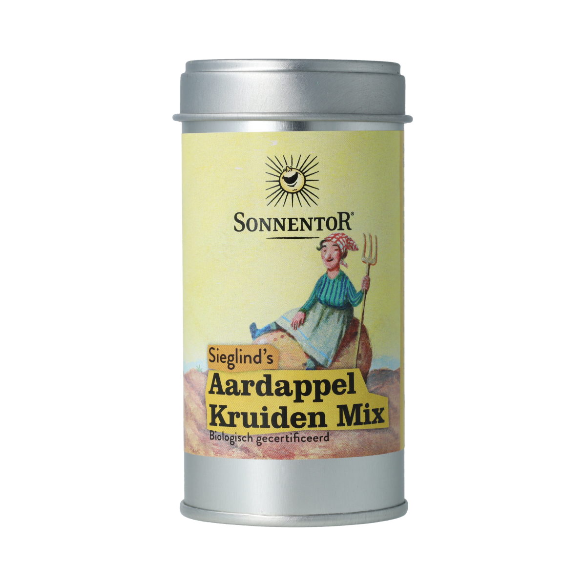 Sonnentor Sara aardappelkruiden in a metal tin, organic seasoning blend for potatoes, 22 grams, natural herb mixture for cooking.