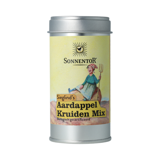 Sonnentor Sara aardappelkruiden in a metal tin, organic seasoning blend for potatoes, 22 grams, natural herb mixture for cooking.