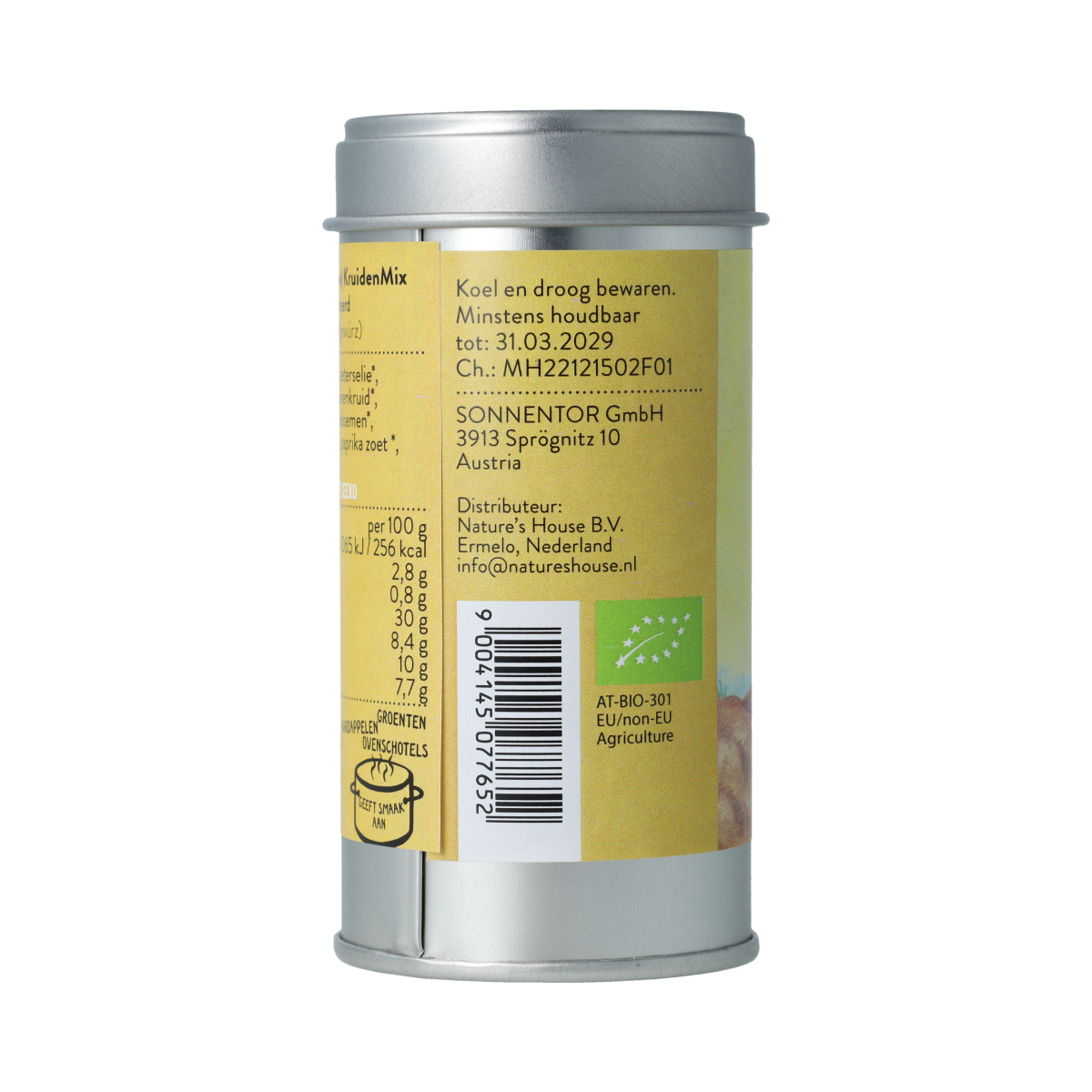 Sonnentor Sara aardappelkruiden in a metal tin, organic herb blend for potatoes, 22 grams.